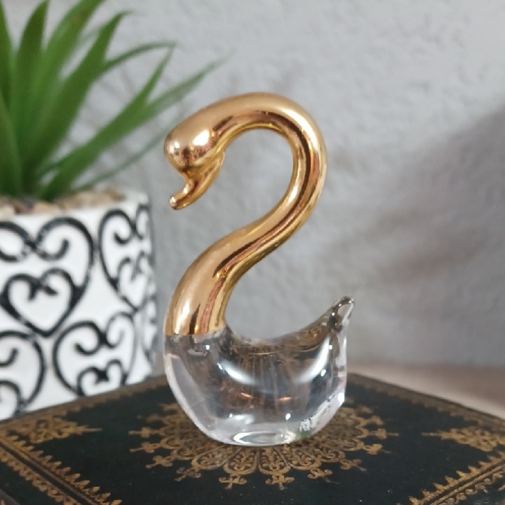 Vintage Elegant Swan Figurine Glass and Metal Figurine Vanity Tray Knickknack